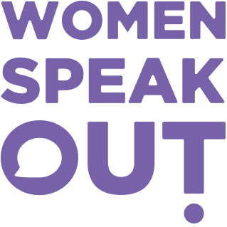 Purple text saying "Women Speak Out" on white background